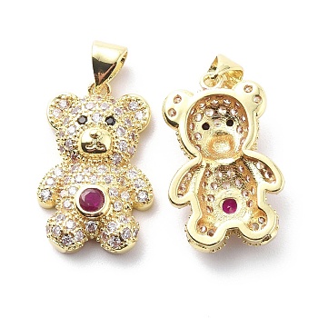 Brass Cubic Zirconia Pendants, Bear Charm, Real 18K Gold Plated, Medium Violet Red, 21.5x13.5x5.5mm, Hole: 3.5x4.5mm
