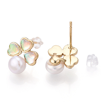 Natural Pearl with Resin Clover Stud Earrings, Brass Earrings with 925 Sterling Silver Pins, Cadmium Free & Nickel Free & Lead Free, Real 18K Gold Plated, 13x11.5mm, Pin: 0.8mm