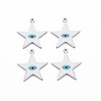 304 Stainless Steel Enamel Pendants, Stainless Steel Color, Star with Eye Evil, White, 22x20x1mm, Hole: 1.2mm
