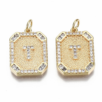 Brass Micro Pave Clear Cubic Zirconia Pendants, Nickel Free, Real 18K Gold Plated, Rounded Rectangle with Word, Letter.T, 19x14x2.5mm, Jump Ring: 5x0.7mm, 3mm inner diameter