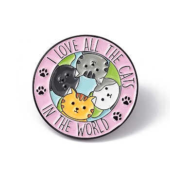 Word I Love All The Cats In The World Enamel Pin, Electrophoresis Black Alloy Flat Round Brooch for Backpack Clothes, Cat Pattern, 30x2mm, Pin: 1.2mm