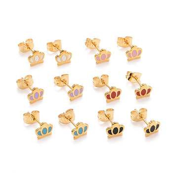 304 Stainless Steel Enamel Stud Earrings, with 316 Surgical Stainless Steel Pin, Golden, Crown, Mixed Color, 6x7x1mm, Pin: 0.8mm