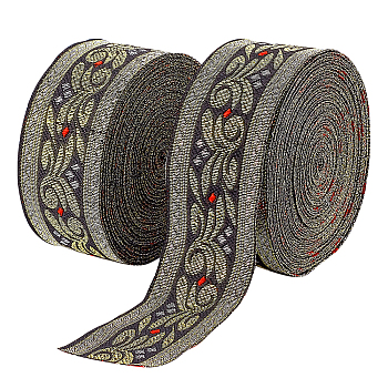 Ethnic Style Embroidery Polyester Ribbons, Jacquard Ribbon, Tyrolean Ribbon, Garment Accessories, Floral Pattern, Black, 1-1/4 inch(33mm), 0.1mm, about 7.66 Yards(7m)/pc
