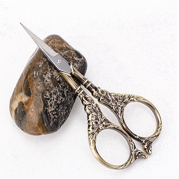 Alloy & Stainless Steel Retro Embossed Flower Scissors, Embroidery Cross Stitch Sewing Scissor, Antique Bronze, 115mm.