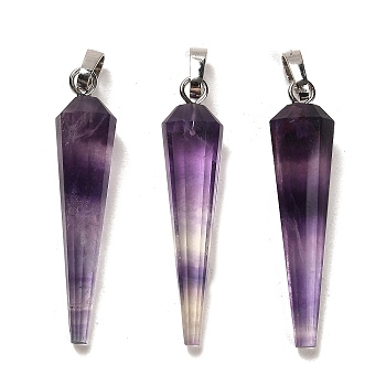 Natural Fluorite Pointed Pendants, Faceted Cone Charms with Platinum Plated Barss Snap on Bails, 35~35.5x8~8.5mm, Hole: 6.5x4mm