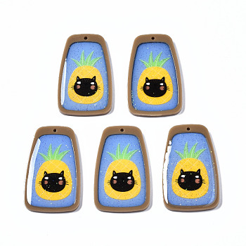 Printed Acrylic Pendants, with Glitter Powder, Trapezoid with Pineapple & Cat, Cornflower Blue, 42x25.5x3mm, Hole: 1.5mm