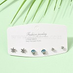 Ocean Alloy Rhinestone Stud Earrings for Women, 925 Sterling Silver Stud Earrings for Women, Platinum, 5.5~7.5x5.5~8mm, 3pairs/set(AL-CBA004A-01P)