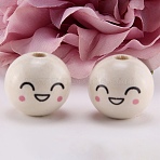 Printed Lotus Wood Beads, Round with Smiling Face, BurlyWood, 20mm, Hole: 5mm(WOOD-TAC0022-03)