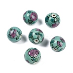 Famille Rose Porcelain Beads, Hand Painted Ceramic Beads, Round with Flowers, Teal, 16x15.5mm, Hole: 2mm(PORC-D023-01A)