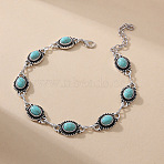 Alloy Resin Imitation Turquoise Oval L?ink Chain Anklets for Women, Antique Silver, 8-1/4 inch(210mm)(FS-WG9FDC7-02)