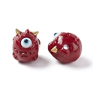 Halloween Opaque Resin Beads, with Golden Tone Alloy Horns, Single-Eye Monster, Dark Red, 13x10.5x12mm, Hole: 1.8mm(RESI-F033-01E)
