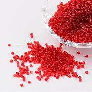 12/0 Glass Seed Beads, Transparent, Round, Red, 2mm, Hole: 1mm, about 3100pcs/50g(X-SEED-A004-2mm-5)