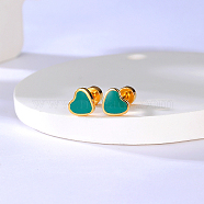 Heart Stainless Steel Stud Earring, with Enamel, Real 18K Gold Plated, Dark Cyan, 6x6mm(NR5432-03)