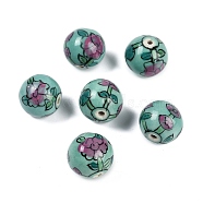 Famille Rose Porcelain Beads, Round with Flowers, Teal, 16x15.5mm, Hole: 2mm(PORC-D023-01A)