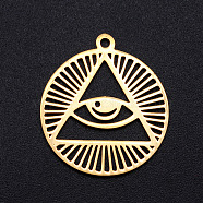 201 Stainless Steel Pendants, Filigree Joiners Findings, Laser Cut, Flat Round with Eye, All Seeing Eye, Golden, 22x19.5x1mm, Hole: 1.5mm(STAS-S105-JN881-2)