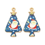 Christmas Theme Rack Plating Alloy Pendants, with Enamel, Golden, Christmas Trees Charm, Steel Blue, 31x17x1.5mm, Hole: 1.8mm(FIND-M020-02H-G)