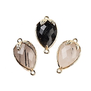 Natural Tourmalinated Quartz Faceted Teardrop Connector Charms, Brass Strawberry Links, Golden, 20x11.5x5mm, Hole: 1.2mm(G-B081-03G-11)