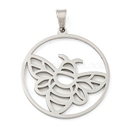 Non-Tarnish 304 Stainless Steel Pendants, Laser Cut, Hollow Ring with Bee Charm, Stainless Steel Color, 28.5x26x1.5mm, Hole: 6x3mm(STAS-Z076-14P)