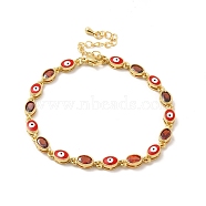 Enamel Evil Eye & Glass Oval Link Chain Bracelet, Golden Brass Jewelry for Women, Red, 7-1/4 inch(18.3cm)(BJEW-G663-01G-02)