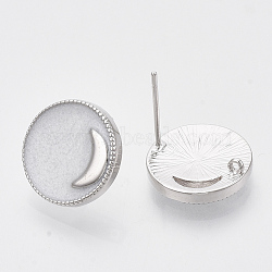 Brass Stud Earring Findings, with Enamel and Loop, Flat Round with Moon, Real Platinum Plated, Nickel Free, Creamy White, 14x4mm, Hole: 1mm, Pin: 1mm(KK-N216-37P-03-NF)