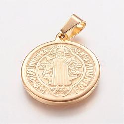 Ion Plating(IP) 304 Stainless Steel Pendants, Flat Round with Saint Benedict Medal, Golden, 29x25x2.5mm, Hole: 4.5x7.5mm(STAS-E117-04G)