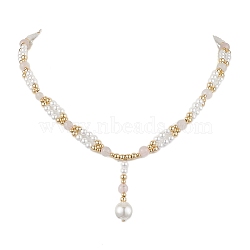 Shell Pearl & Natural Rose Quartz Pendants Necklaces, with Brass Beads, Golden, 19.41 inch(49.3cm)(NJEW-JN04903)