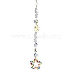 Glass Beads Wrapped Star Hanging Ornaments, Opalite Chipa and Alloy Suncatchers for Home Outdoor Decoration, Sun & Moon, Golden, 278mm(HJEW-JM01652)