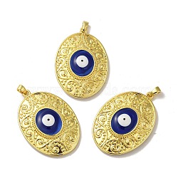 Rack Plating Brass Pendants, with Enamel, Long-Lasting Plated, Lead Free & Cadmium Free, Real 18K Gold Plated, Oval with Evil Eyes, Dark Blue, 50.5x35x9.5mm, Hole: 6x3mm(KK-H473-01G-06)