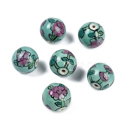 Famille Rose Porcelain Beads, Round with Flowers, Teal, 16x15.5mm, Hole: 2mm(PORC-D023-01A)