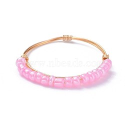 Glass Seed Beaded Rings, with Copper Wire, Golden, Pearl Pink, 19mm, 1~1.5mm(RJEW-JR00269-02)