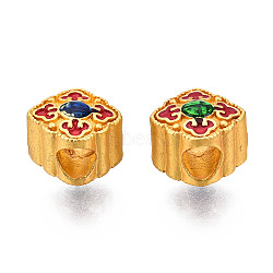 Alloy Enamel European Beads, Large Hole Beads, Cadmium Free & Lead Free, Matte Gold Color, Flower, Dark Red, 11x11x8.5mm, Hole: 4mm(KK-N238-084A)