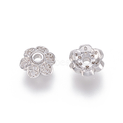 Brass Micro Pave Cubic Zirconia Fancy Bead Caps, 6-Petal, Flower, Clear, Platinum, 8x3mm, Hole: 1.7mm(ZIRC-K080-05P)