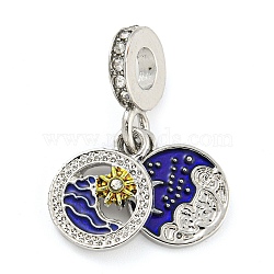 Rack Plating Alloy Enamel Flat Round with Sun European Dangle Charms, Large Hole Pendants, with Crystal Rhinestone, Platinum, Cadmium Free & Nickel Free & Lead Free, Blue, 27mm, Hole: 4.8mm,Flat Round: 15x11.5x3mm and 15x12x2mm(FIND-B034-08P-02)