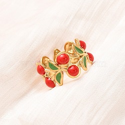 304 Stainless Steel Cuff Rings for Women, with Enamel, Cherry, Ion Plating(IP), Lead Free & Cadmium Free & Nickel Free, Real 18K Gold Plated, 11mm(RJEW-F200-02G)