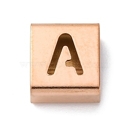 Ion Plating(IP) 304 Stainless Steel Square Slide Charms, Rose Gold, Letter A, 9x8x4mm, Hole: 3.5x8.5mm(STAS-L132-13A-RG)