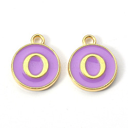 Golden Plated Alloy Enamel Charms, Enamelled Sequins, Flat Round with Letter, Medium Purple, Letter.O, 14x12x2mm, Hole: 1.5mm(ENAM-S118-10O)