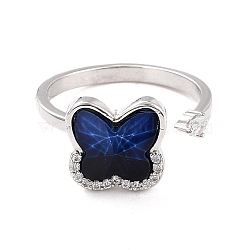Butterfly Rotatable Open Ring for Women, Brass Cubic Zirconia Fidget Spinner Rings, Adjustable Relieve Stress Cuff Ring, Platinum, Blue, US Size 6 1/2(16.9mm)(RJEW-M139-11P)
