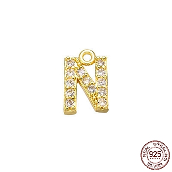 Real 18K Gold Plated 925 Sterling Silver Micro Pave Clear Cubic Zirconia Charms, Initial Letter, Letter N, 9x6x1.5mm, Hole: 0.9mm