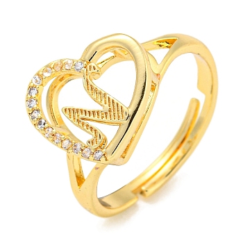 Heart with Letter Rack Plating Brass Micro Pave Cubic Zirconia Adjustable Rings for Women, Lead Free & Cadmium Free, Real 18K Gold Plated, Letter N, Inner Diameter: 16mm