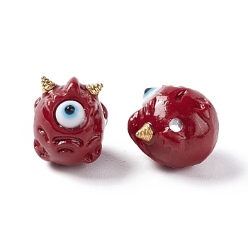 Halloween Opaque Resin Beads, with Golden Tone Alloy Horns, Single-Eye Monster, Dark Red, 13x10.5x12mm, Hole: 1.8mm