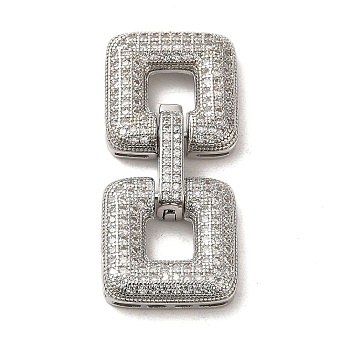 Brass Micro Pave Clear Cubic Zirconia Fold Over Clasps, Square, Real Platinum Plated, 38x17mm, Hole: 6x6.5mm