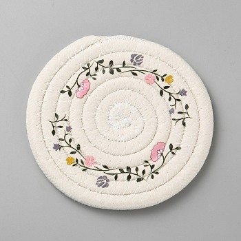 Cotton Coasters, Cup Mat, Round with Flower Pattern, Floral White, 125x7mm