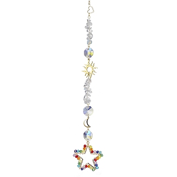 Glass Beads Wrapped Star Hanging Ornaments, Opalite Chipa and Alloy Suncatchers for Home Outdoor Decoration, Sun & Moon, Golden, 278mm