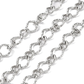 304 Stainless Steel Textured Twist Oval Link Chains, Unwelded, with Spool, Stainless Steel Color, 13.5x10x1.7mm, 9.5x7x1.7mm