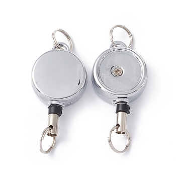 Alloy Badge Reels, Retractable Badge Holder, with Split Ring, Flat Round, Platinum, 52~370x21x9.5mm