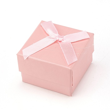 Cardboard Jewelry Earring Boxes, with Ribbon Bowknot and Black Sponge, for Jewelry Gift Packaging, Square, Pink, 5x5x3.5cm