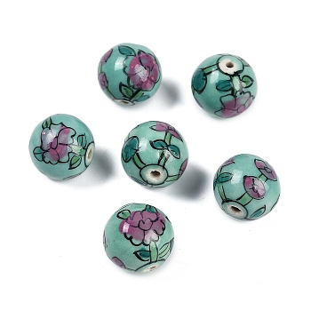 Famille Rose Porcelain Beads, Round with Flowers, Teal, 16x15.5mm, Hole: 2mm