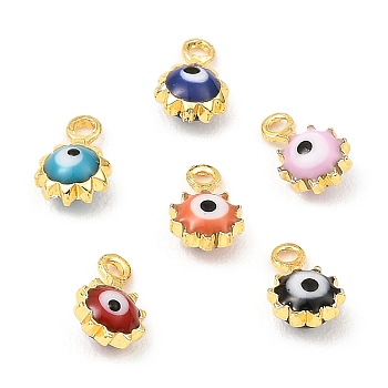 Brass Enamel Charms, Real 18K Gold Plated, Long-Lasting Plated, Lead Free & Cadmium Free, Sun with Evil Eye Charm, Mixed Color, 7x4x2.5mm, Hole: 1mm