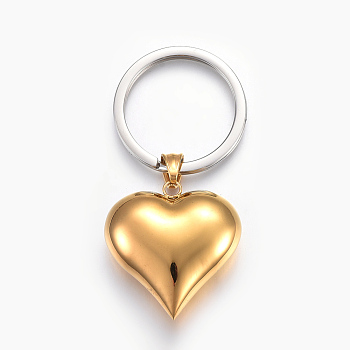 304 Stainless Steel Keychain, Heart, Golden & Stainless Steel Color, 75mm, Pendant: 36.5x35x10mm