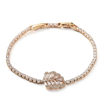 Golden Brass Link Bracelet, with Cubic Zirconia Tennis Chains, Long-Lasting Plated, Leaf, 8 inch(20.4cm)